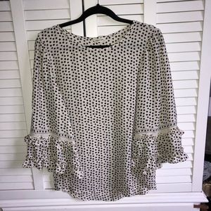 Cream and black polka dot blouse with bell sleeve